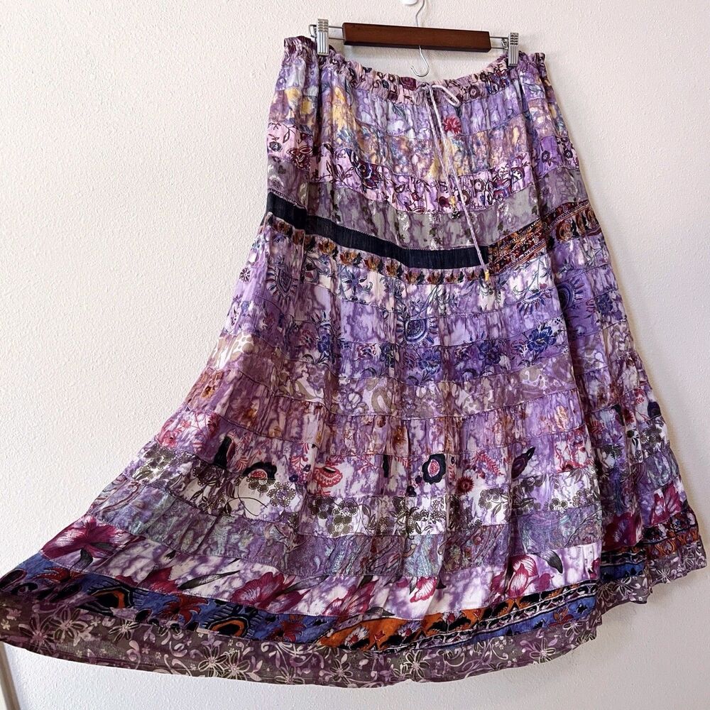 Vintage Patchwork Tiered Rayon Midi Skirt OS Boho India Fairy Grunge Whimsigoth